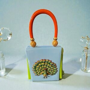 IRIS LANE EVENING BAG W/ RHINESTONES BLUE GREEN ORANGE PEACOCK & ORANGE HANDLE